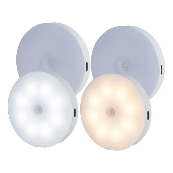 Luz Led Redonda Luminárias S/ Fio Sensor Presença Usb Recarregáveis Branco 4 Peças Comutação De Luz Quente E Fria Iluminação Contínua Parte Traseira Magnética
