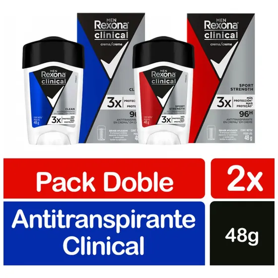 Pack X2 Desodorante Crema Clean y Sport Strength 48g C\u002FU Rexona Men Clinical | Cuotas sin interés