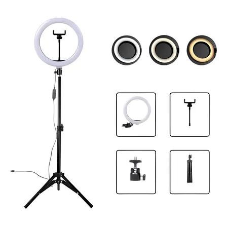 Ring Light 26cm Led Dimerizável Preto C/ Tripé Usb 15w Diâmetro 10pol 127/220v Branco-frio