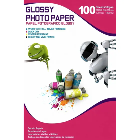 Papel Fotografico  Brillante Tamaño Oficio 180g / 100 Hojas