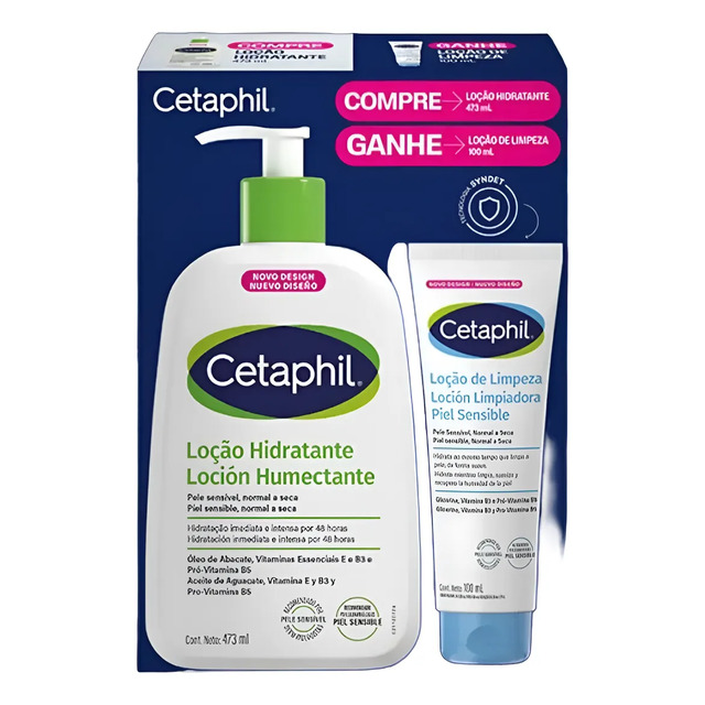 Kit promocional Cetaphil contendo um frasco de loção hidratante com pump de 473ml e um tubo de loção de limpeza de 100ml em embalagem azul