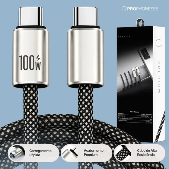 Cabo Usb Tipo C Turbo Compatível Com Iphone Apple Samsung Android Xiaomi Mi Motorola Playstation Ps5 USBC 100W Longo Carregador 2 Metros Dados Celular Controle Turbo Duas Pontas Duplo Rápido Nylon