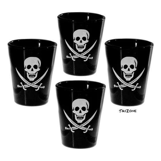 Tikizone 4 Vaso Chupito Pirata Hecho Vidrio Negro
