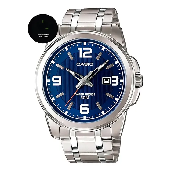 Reloj pulsera Casio MTP-1314D-2AV con correa de acero inoxidable color plateado - fondo azul
