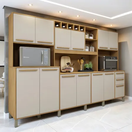 Armário Para Cozinha 13 Portas 2 Gavetas Agata Cinamomo/off White