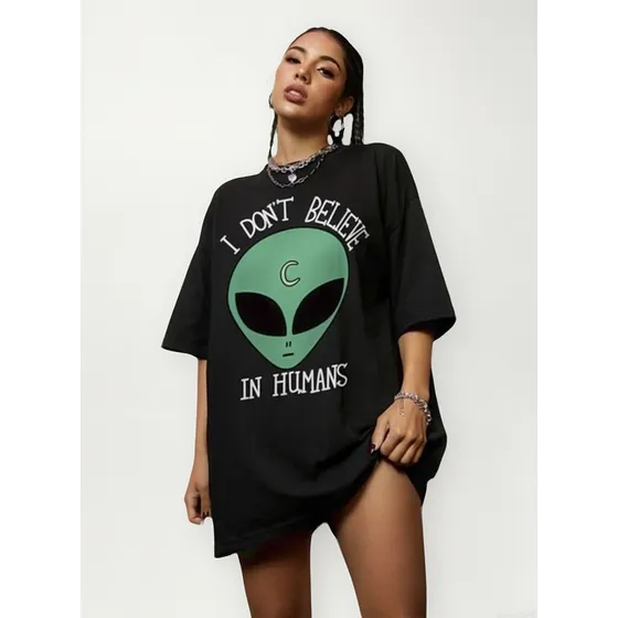 Camiseta Feminina Oversized Alien Et Geek Nerd Estilo De Rua