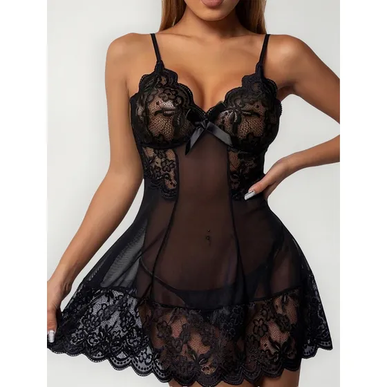 Conjunto De Lencería Con Encaje, Sexy Babydoll Con Tanga