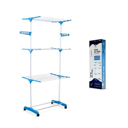 Foto de Varal De Chão E Planeta Tech Dobrável 3 Andares Com Rodinha Aba Lateral Retrátil Para Cabide Lavanderia Apartamento