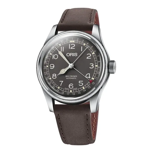 Reloj Oris Big Crown Pointerdate 01 754 7741 4064-07 5 20 64 Color de la correa Café Color del bisel Plateado Color del fondo Café