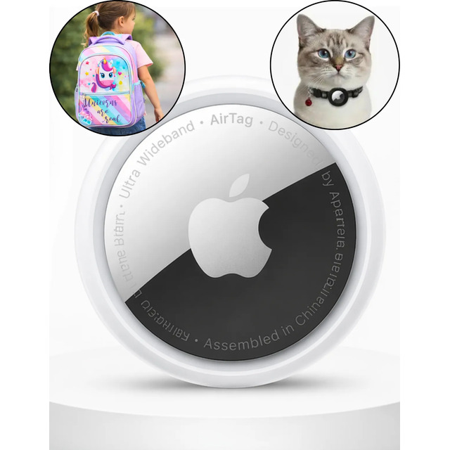 Rastreador Apple AirTag na cor branca e prata, exibindo o logo da Apple, com detalhes sobre o uso em mochilas e coleiras de animais