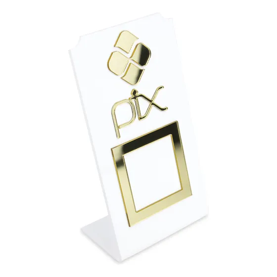 Arte Sedução Placa Pix Qr Code Display Vertical Para Pagamentos Acrílico Branco Cor Branco e Dourado 15x 8 cm