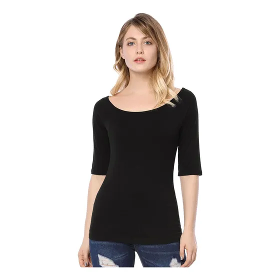 Playera Mujer Ajustada Suave Cuello Redondo Manga Media