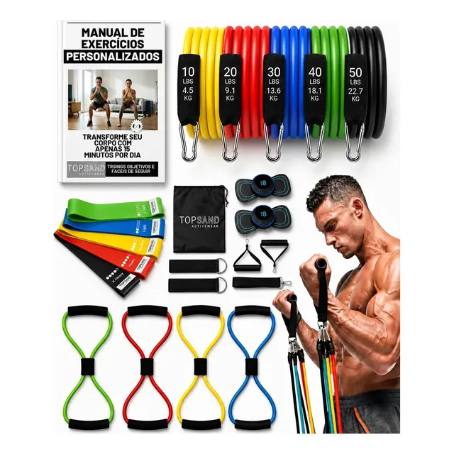 Kit 20 Itens Esportivos Para Treino Em Casa Academia Fitness Funcional Com Elásticos Extensor Puxadores Massageador... Colorido