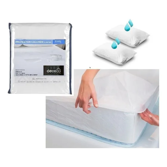 Forro Protector Plástico + 2 Fundas Colchón Cama Doble 1.40