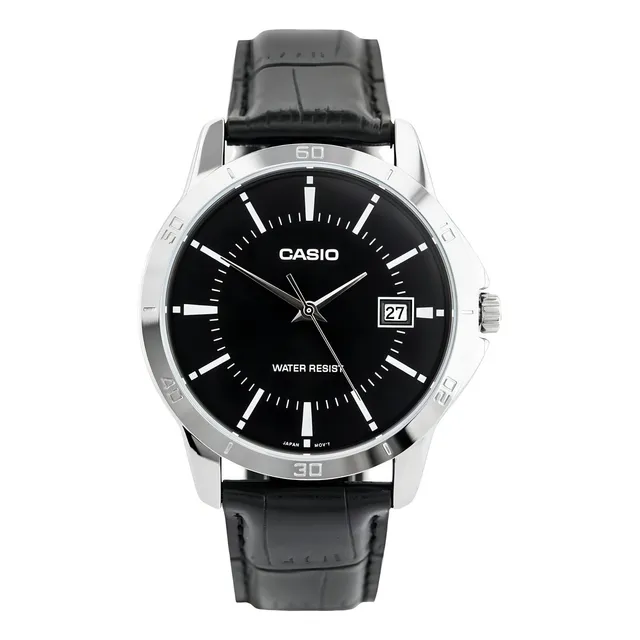 Reloj pulsera Casio MTP-V004GL-9 con correa de cuero color negro - bisel plata