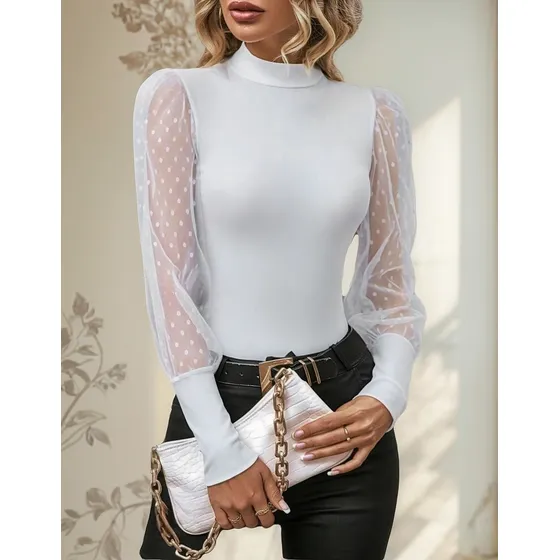 Blusa Malla Jacquard, Manga Obispo De Cuello Alto