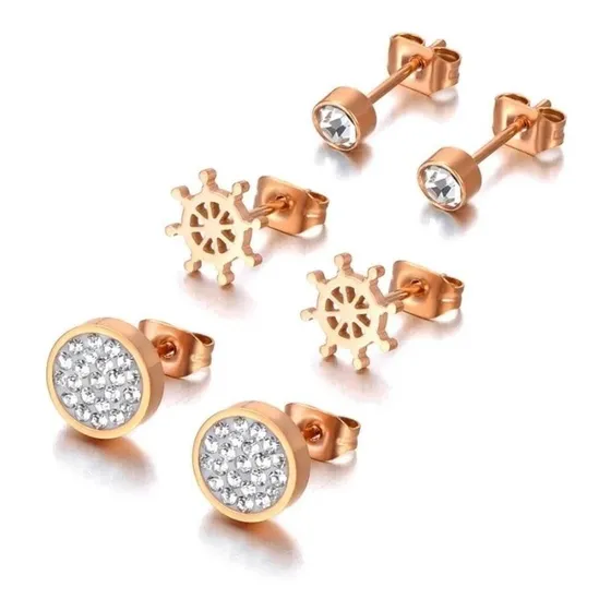 Brincos Titânio Rose Kit 3 Pares Stud Marinheiro Zircônias