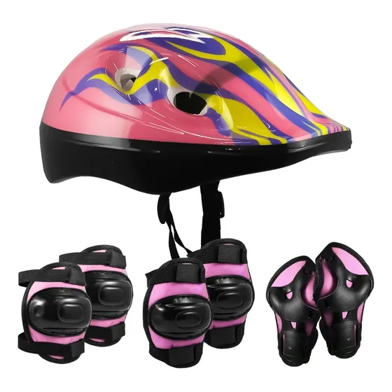 Casco + Set Protección Rodilleras Coderas Muñequeras - Otec Color Rosap