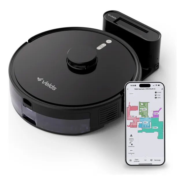 Robô Aspirador De Pó Velds 3 Em 1 Varre Aspira E Passa Pano Com Mapeamento Via App E Sensor Antiqueda, Preto