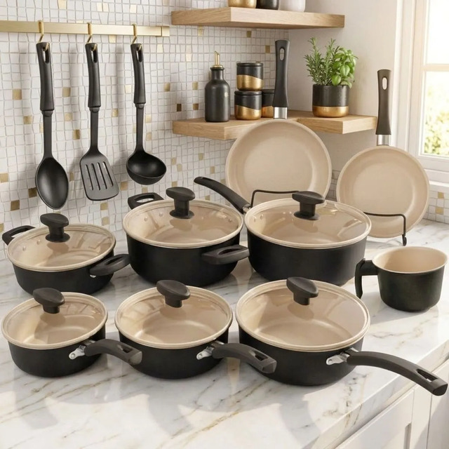 Jogo De Panelas 13 Peças Antiaderente Kit Cozinha Completa Preto E Bege