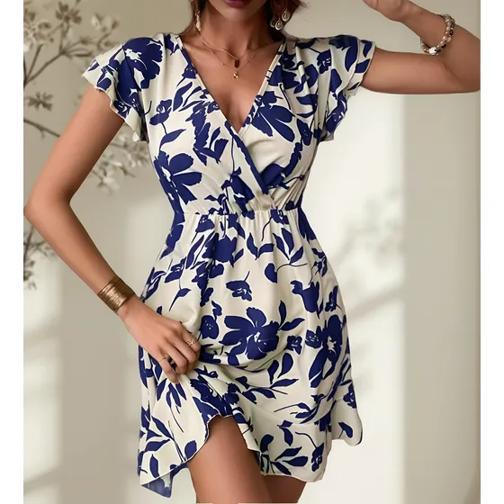 Vestido Corto.sobre Rodillas Escote V. Elástico Cintura