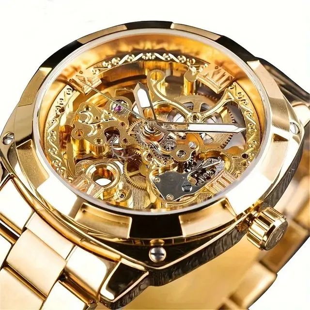 Reloj Mecánico Esqueleto Casual Elegante Para Hombre Correa Dorado Bisel Dorado Fondo Dorado