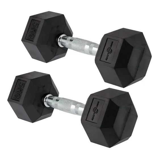 Pesas Mancuernas Hexagonales Sportfitness 2x5 Kl Encauchadas Color Negro y cromado