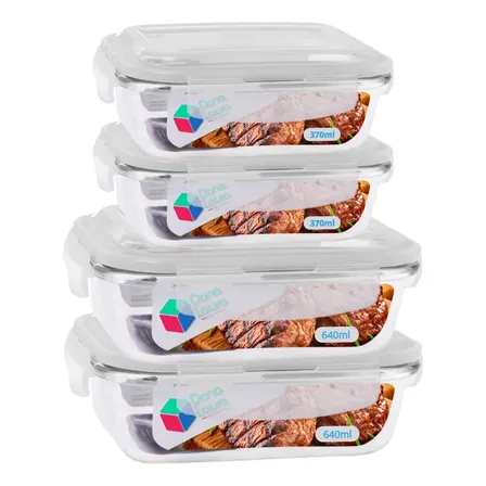 Conjunto 4 Potes Hermético Vidro 370ml 640ml Marmita Fitness Transparente