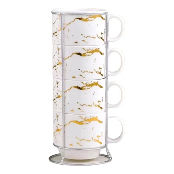 Tazas De Ceramica Tipo Marmol X 4 Unid Con Soporte P/ Apilar