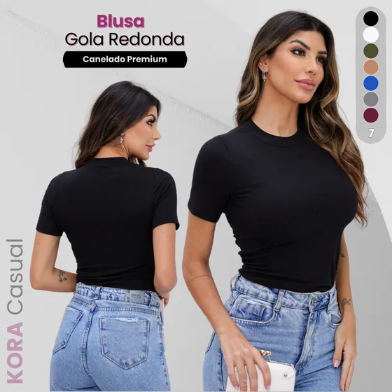 Blusa Camiseta Feminina Gola Alta Canelada Com Manga M Ao Gg