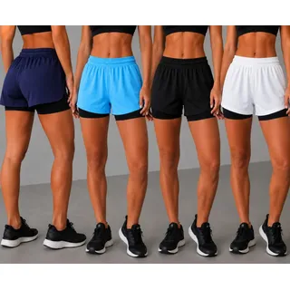 Kit 4 Short Fitness Feminino 2 Em 1 Treino Corrida Academia Azul Marinho/branco/
