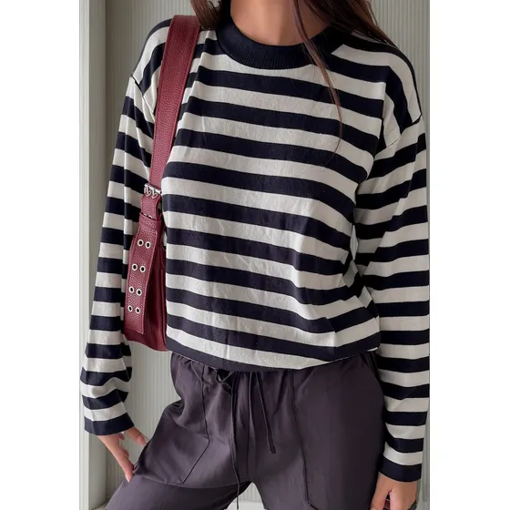Sweater Hilo Rayado Finito Mujer Cuello Redondo