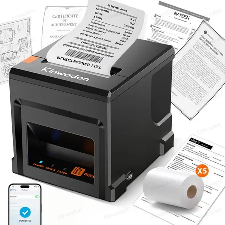 Impresora Bluetooth Tickets Recibos 80mm Esc/pos KINWODON Con Corte Automático Con Interface De Usb Y Bluetooth Y Puerto De Caja Registradora Y 5 Rolls Paper Impresora Térmica 80MM Color Negro