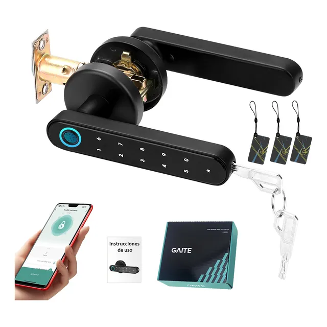 QianMu cerradura electrónica inteligente para puerta 5 en 1 huella digital app tarjeta contraseña llave mecánica digital electrónica voz en español KT color negro