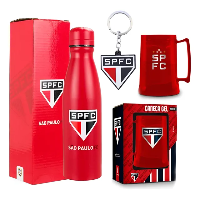 Garrafa São Paulo Alumínio + Chaveiro E Caneca Spfc Oficial
