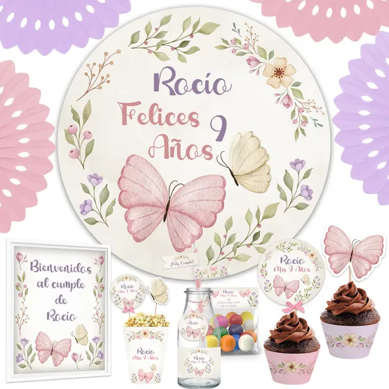 Kit Imprimible Mariposas Y Flores + Banner Circular Fondo