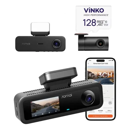 Câmera Veicular 3 Canais 70mai T400-1 2k Hdr Gps 24h Com App T400-1 Com Sd 128g