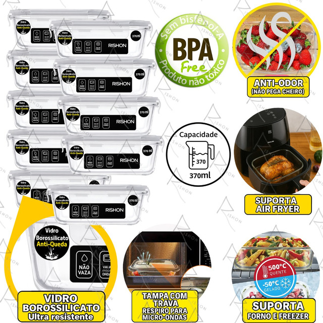 Kit 10 Potes Vidro 370ml Hermético Marmita Forno Refratário Marmita De Vidro Com Tampa Ris... Kit 10 Potes Vidro 370ml Hermético Marmita Forno Refratário Marmita De Vidro Com Tampa Ris...