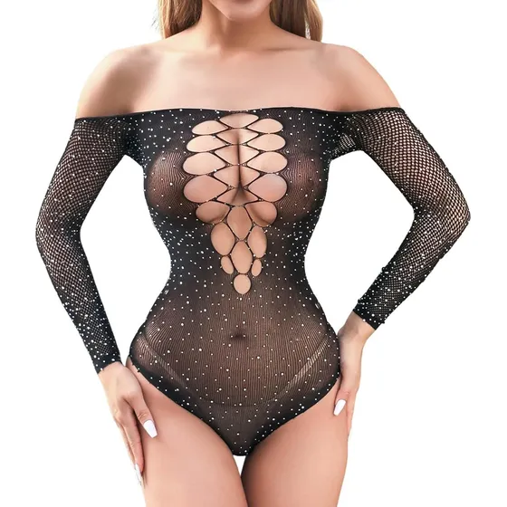 Body Malla Manga Larga Sexy Con Diamantes Brillantes