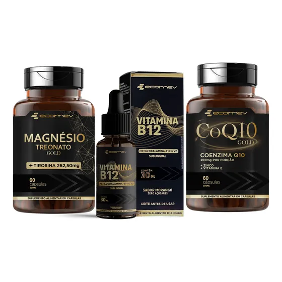 Kit Magnesio Treonato + L Tirosina + Coenzima Q10 200mg + B12 Metilcobalamina Gotas Sublingual Sabor Morango