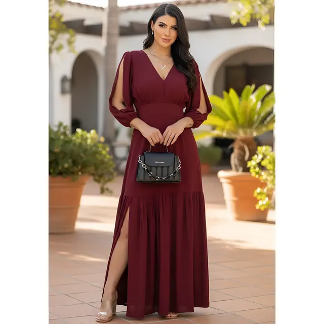 Vestido Longo Babado Fenda Manga 3/4 Evangélico Elegante