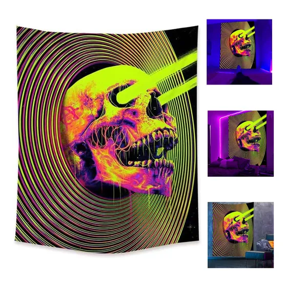 Tapeçaria Parede Psicodélica Reage Luz Uv Skeleton Skull 3d