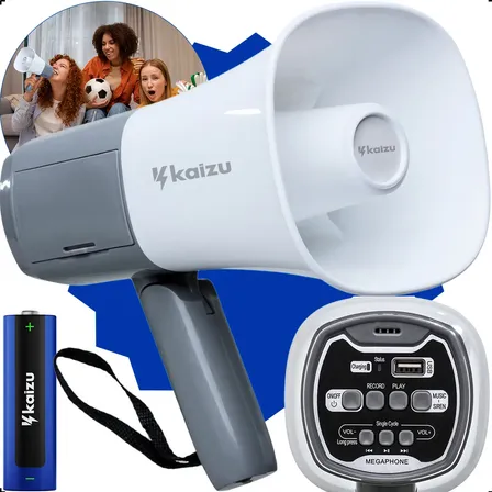 Megafone De Mão Kaizu Profissional Recarregável Usb Com Sirene E Gravador Branco