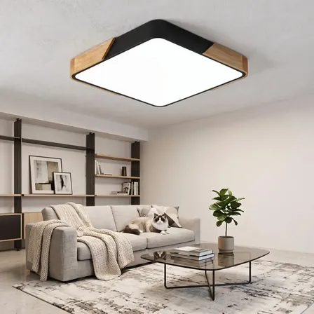 Luminária de Teto Plafon LED 72W 40x40cm Preto e Madeira, 3 Cores 3000K a 6000K, Lente LED Alto Brilho Sem Tremulação, Proteção Ocular, Iluminação para Sala e Quarto