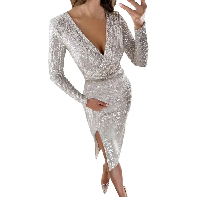 Vestido Para Mujer 2 Elegante Manga Larga Cuello V Midi Alta
