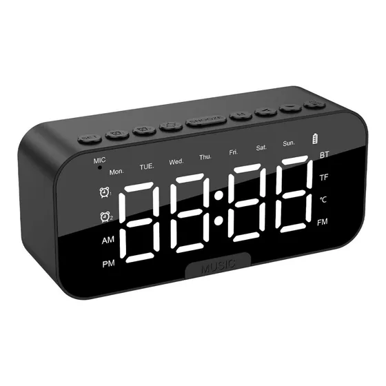 Reloj Retrovisor Bluetooth Sound Box Con 2 Alarmas De Color Negro 110/220, Bivolt