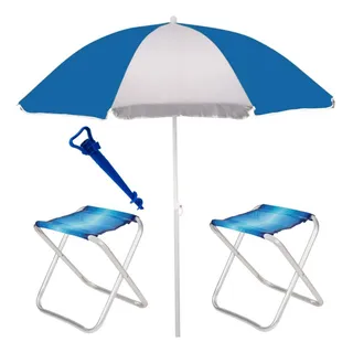 Kit Praia Guarda Sol + 2 Banquetas Dobraveis + Saca Areia Kit Praia Guarda Sol + 2 Banquetas Dobraveis + Saca Areia
