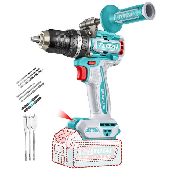Taladro Percutor Y Atornillador Inalámbrico Total 20v, Industrial, Motor Sin Carbones - Mandril 13mm, 96nm - Con Mechas, Puntas Y Mango Auxiliar - No Incluye Batería Ni Cargador - Tidli209685