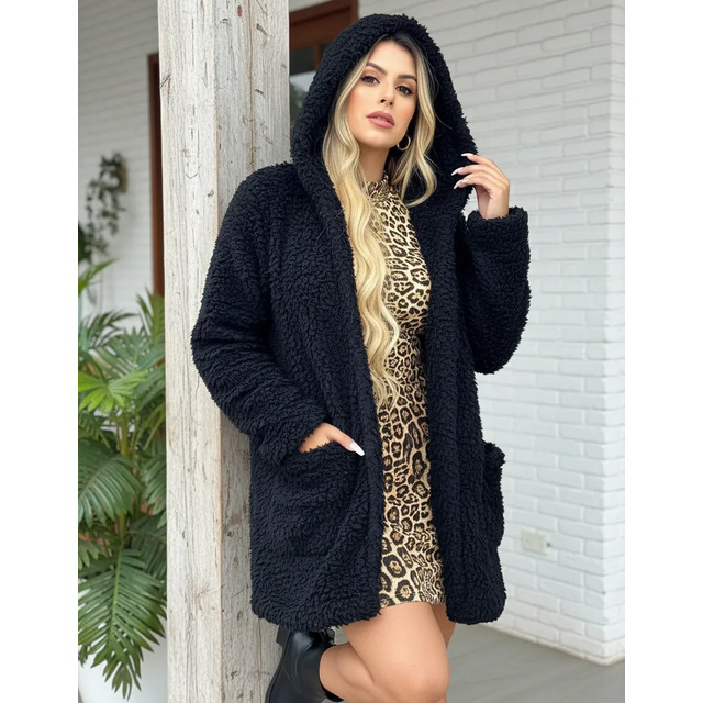 Casaco Sobretudo Teddy Com Bolso Capuz Forrado Pelo Inverno Casaco Sobretudo Teddy Com Bolso Capuz Forrado Pelo Inverno