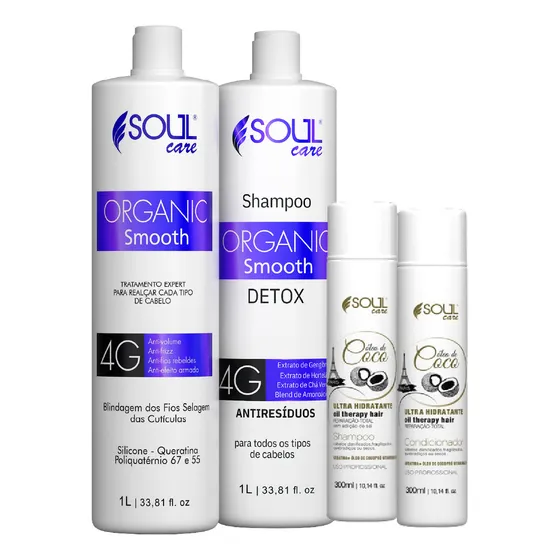 Kit 4 Unidades Máscara Orgânica 3l Escova Sem Formol Selagem Antifrizz Soul Care com kit pós Progressiva Shampoo e Condicionador